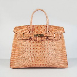 Hermes Birkin 35Cm Crocodile Head Stripe Handbags Orange Gold